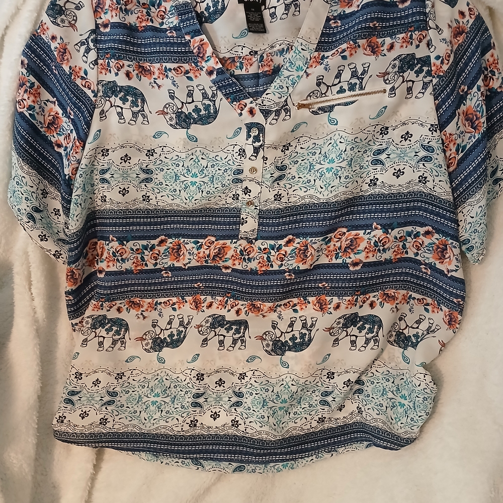 Justify Elephant and Floral Print Top - Blue and Orange